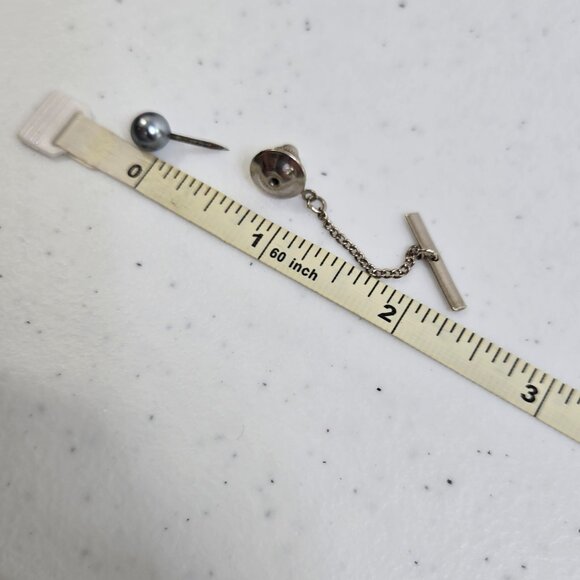 Faux Pearl Silver Tone Lapel Pin Tie Tack with Chain Blue Gray Vintage - Picture 5 of 5